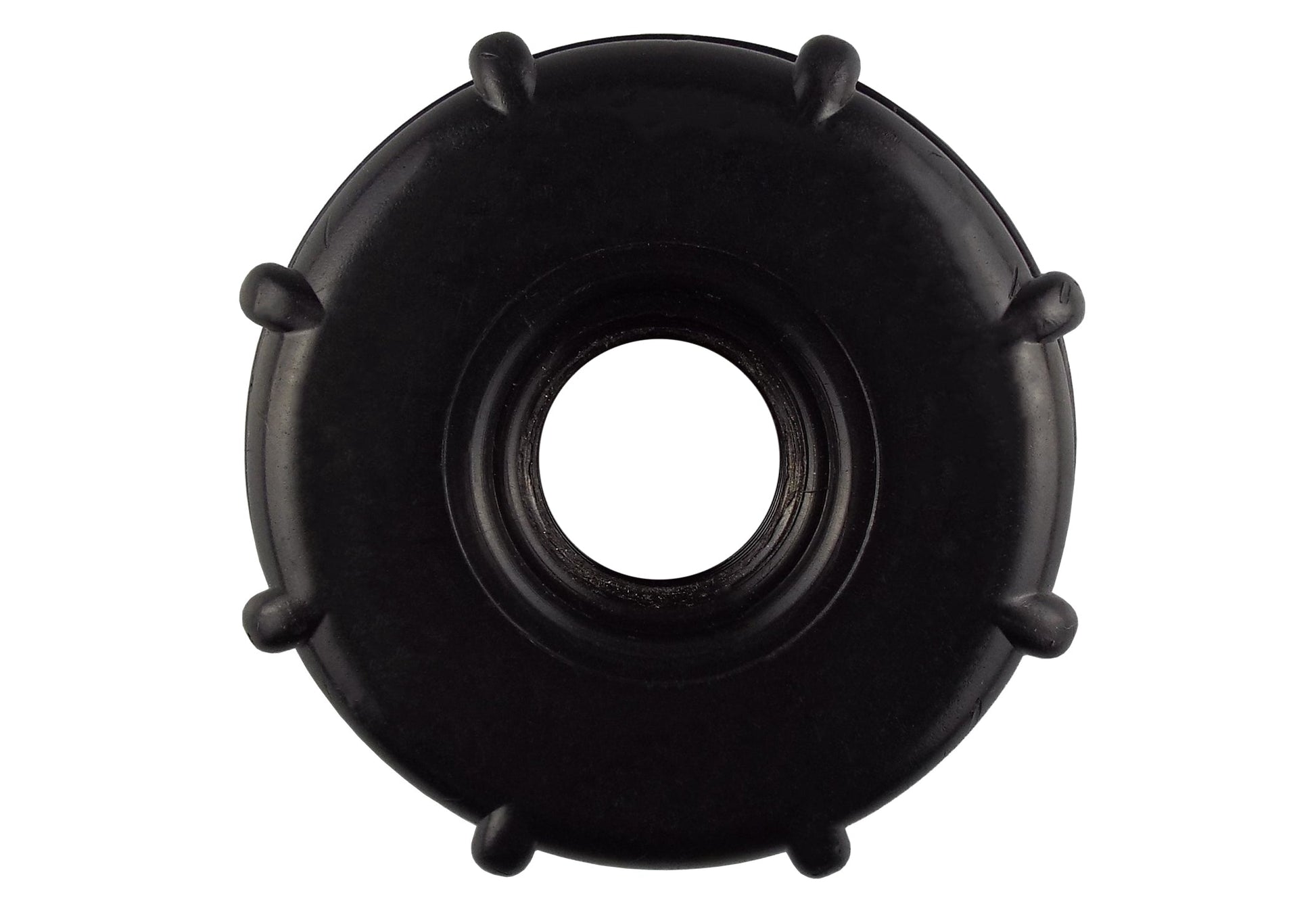 IBC tank end cap front view with central hole and retaining studs