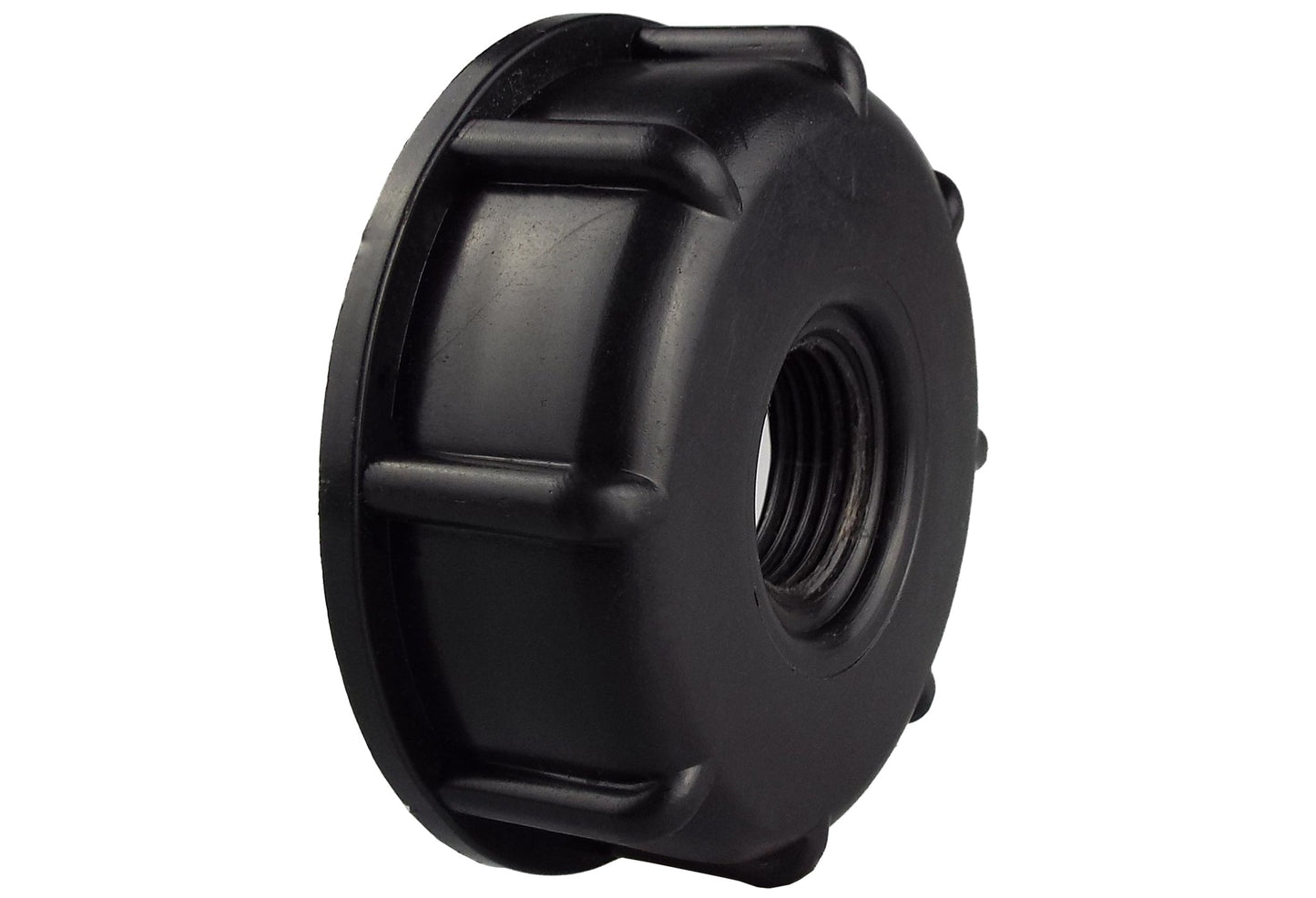 IBC tank end cap angled view with 1/2" BSPF threaded port