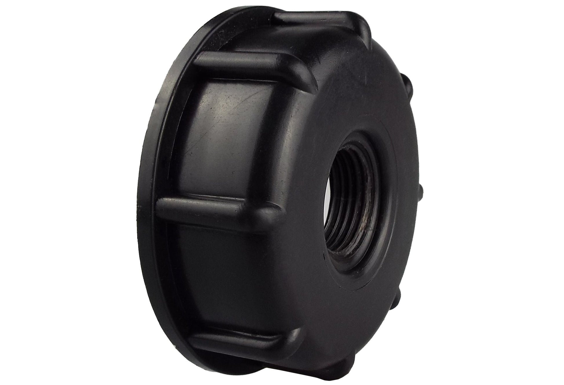 IBC tank end cap angled view with 1/2" BSPF threaded port
