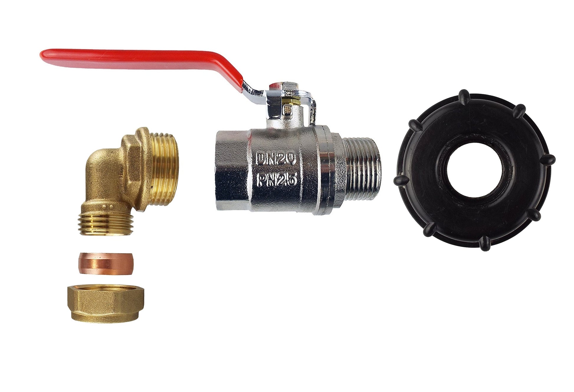IBC-Deckel mit Hebelventil: roter Griff, Metallventil und Messing-Bogen, Anschlussgewinde