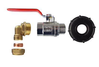 IBC-Deckel mit Hebelventil: roter Griff, Metallventil und Messing-Bogen, Anschlussgewinde