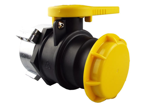 IBC tank valve, 75mm inlet; yellow cap, black body and PTFE gasket