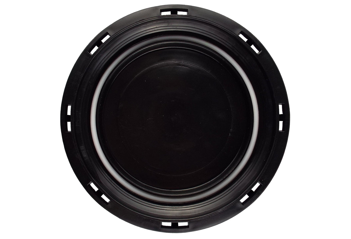 IBC blanking lid underside with black plastic ring and white gasket seal