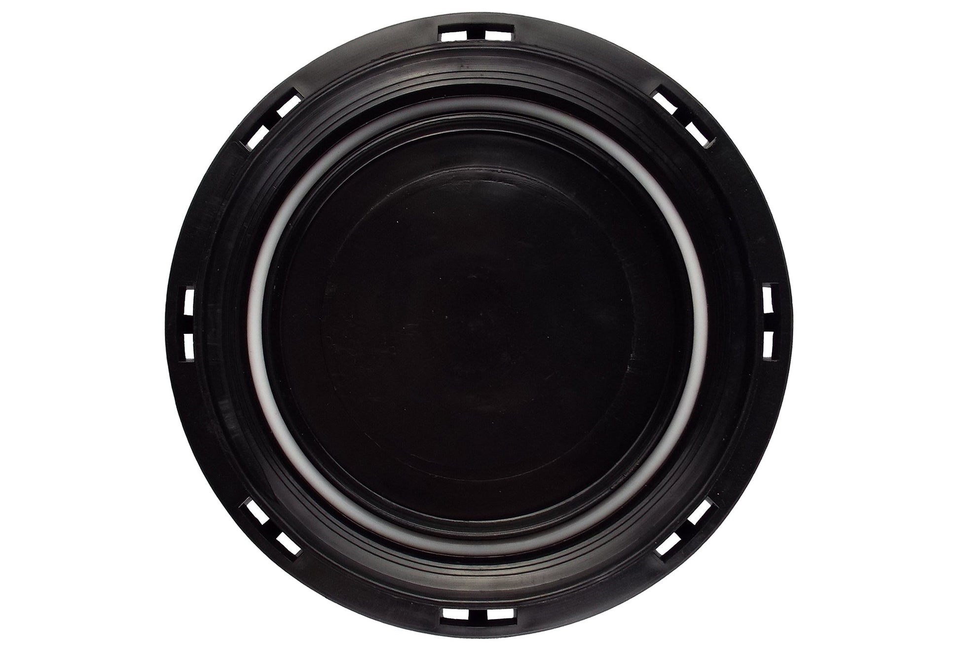 IBC blanking lid underside with black plastic ring and white gasket seal