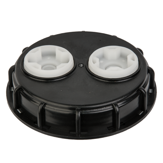 IBC Tank Lid 150mm with 2 vents, black round cover with two white vent openings