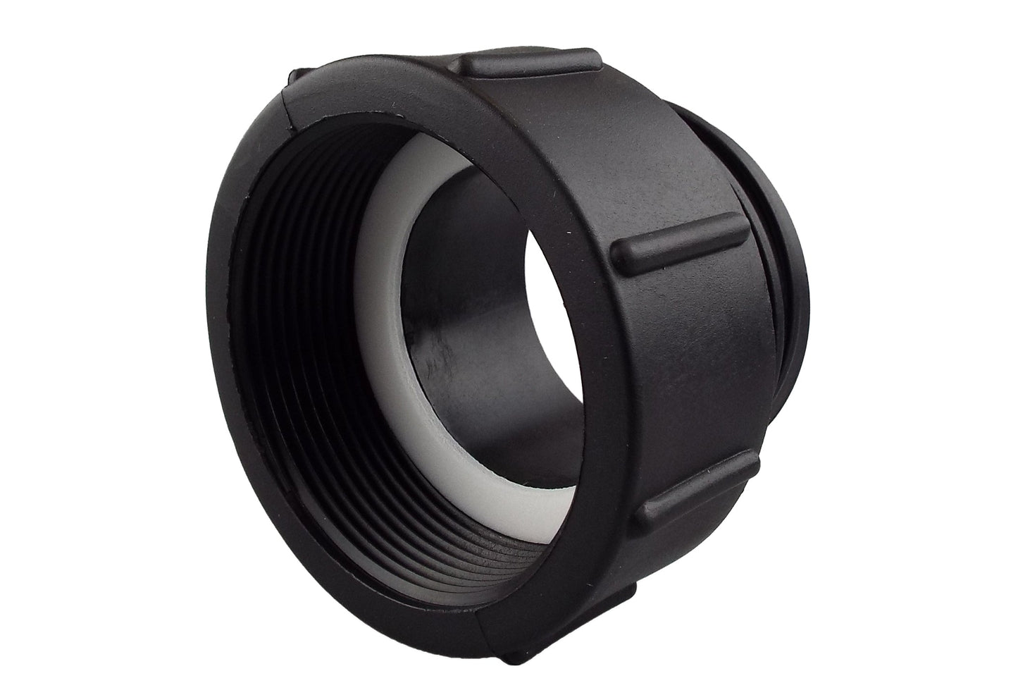 IBC cap with internal opening and black ribbed quick-connect ring