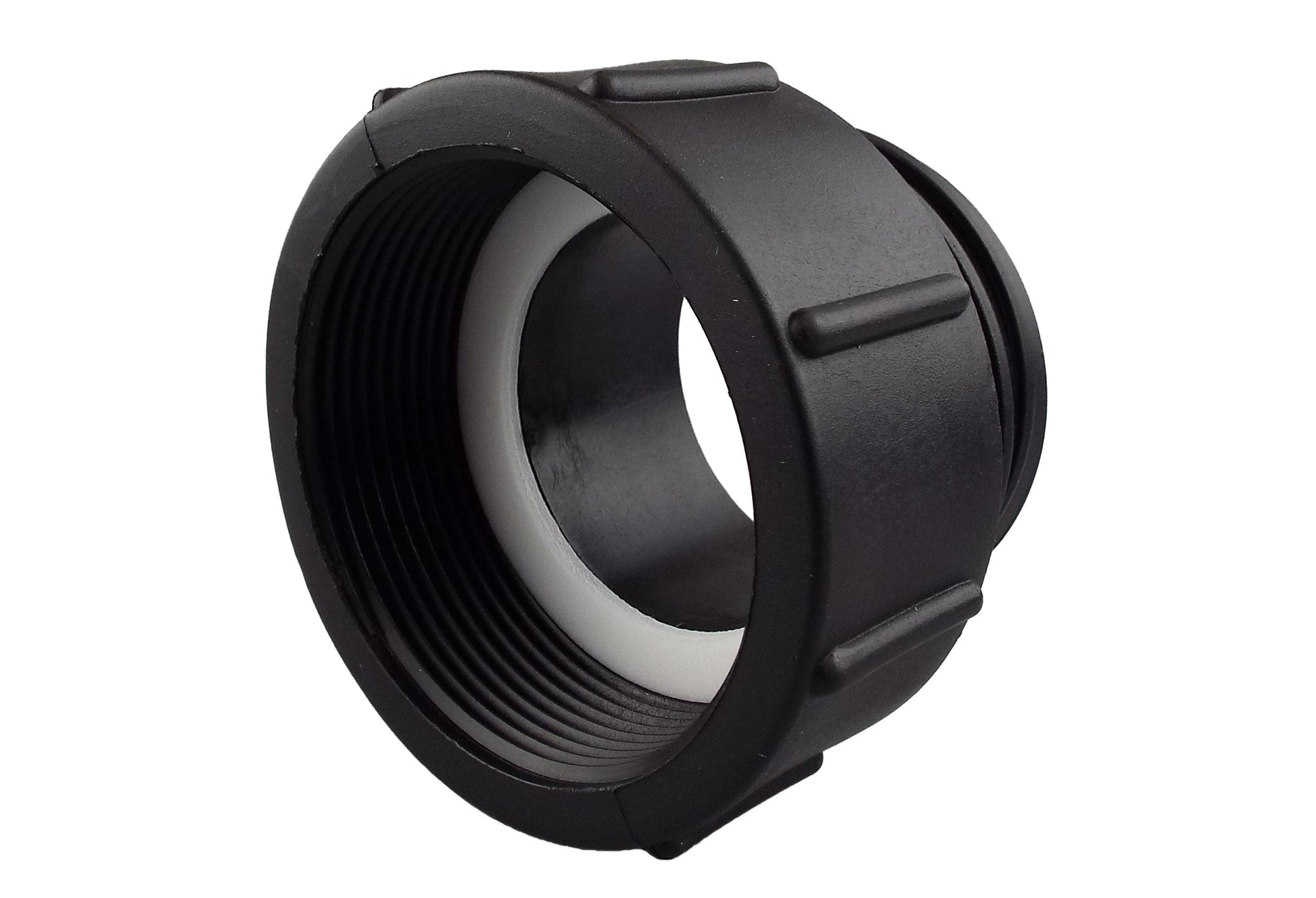 IBC cap with internal opening and black ribbed quick-connect ring