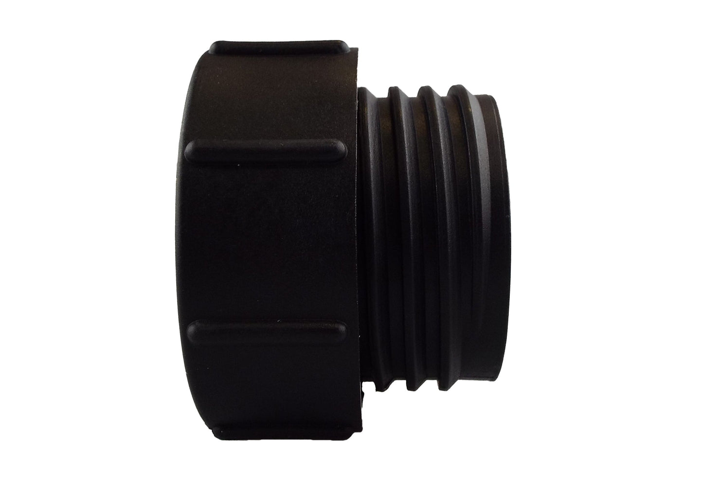 Black threaded cap end with ridged grip and sealing profile