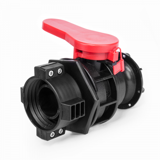 IBC 2" Camlock Type A swivel collar valve, S60x6 thread, black body with red lever