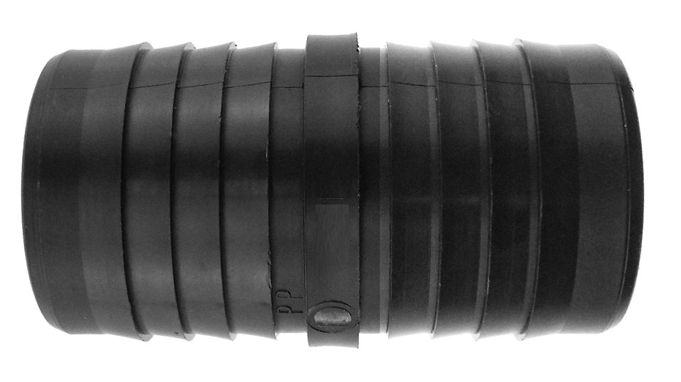 32mm straight pond connector in black, ribbed sleeves and visible seam