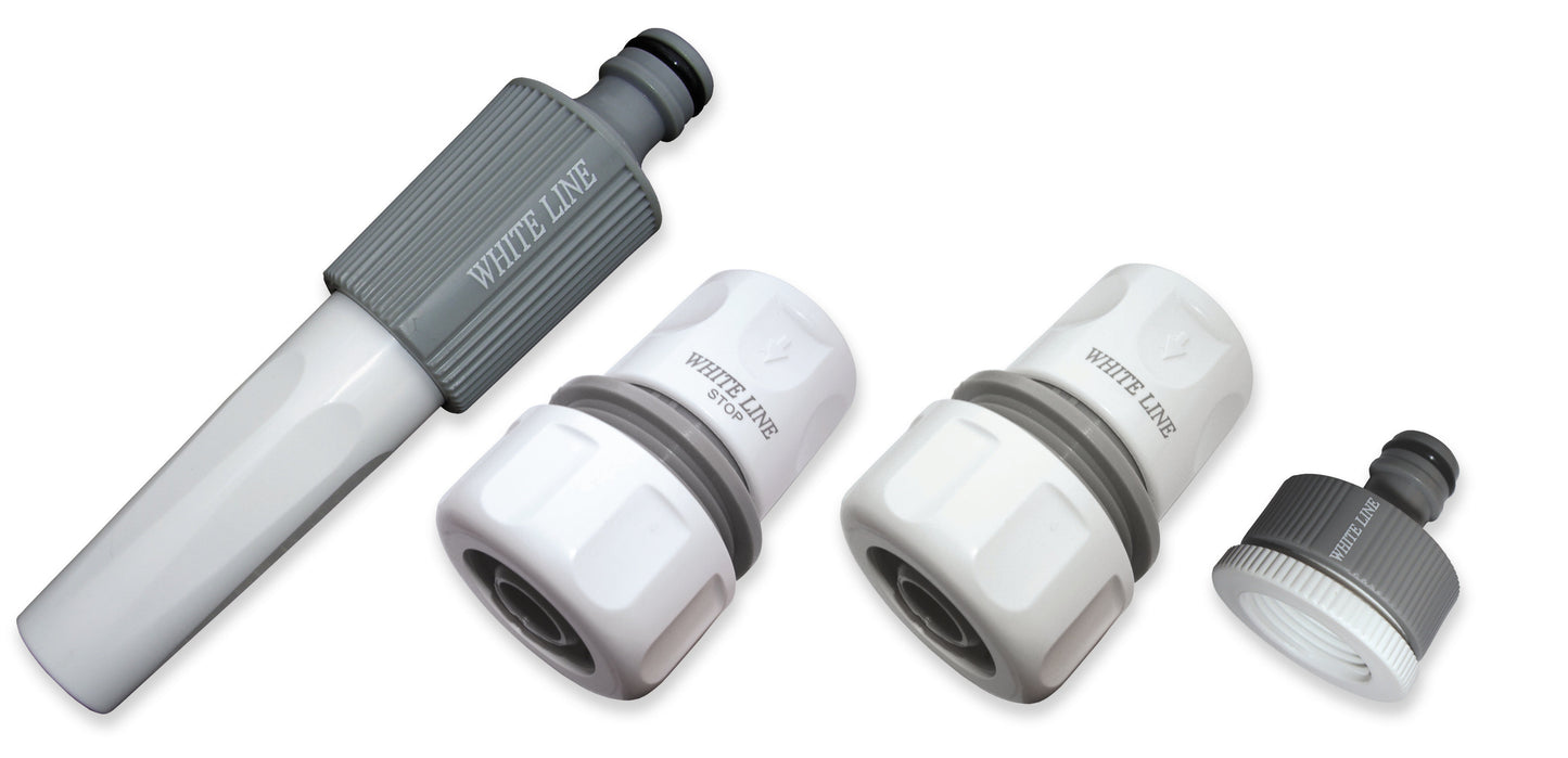 Hose connector set with nozzle and three couplings, grey ridged grips and white ends