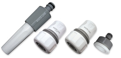 Hose connector set with nozzle and three couplings, grey ridged grips and white ends