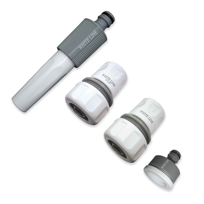 Hose connector set with nozzle: grey-and-white plastic fittings and coupling ends