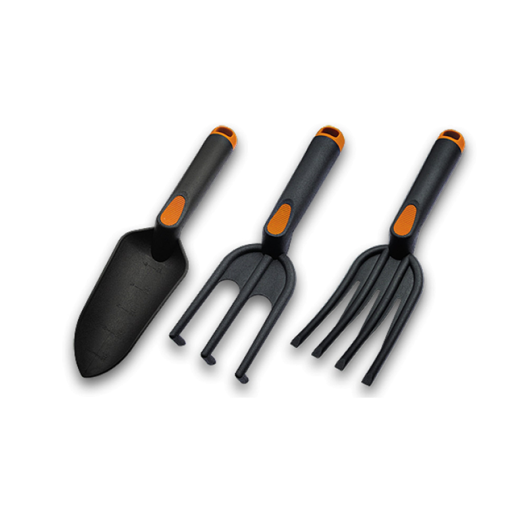 3-piece garden tool set with fiberglass handles: spade, fork, rake; orange grip accents