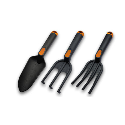 3-piece garden tool set with fiberglass handles: spade, fork, rake; orange grip accents
