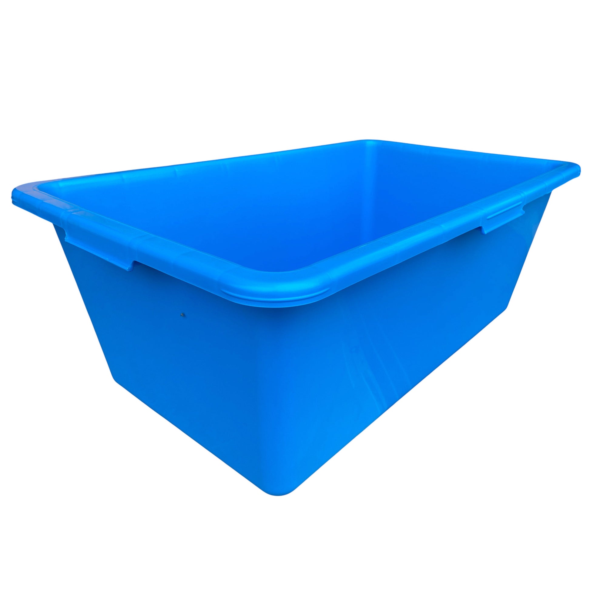 Blue dog bath with drain valve: blue plastic trough with side cut-out detail