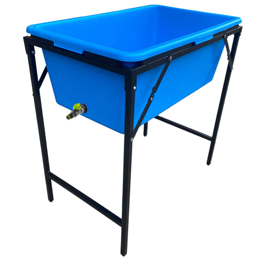 Blue dog bath with drain valve and stand, front-left view