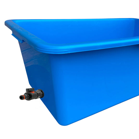 Blue dog bath tub with black drain valve and side outlet fitting