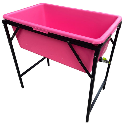 Pink dog bath with drain valve and foldable stand, rectangular plastic tub