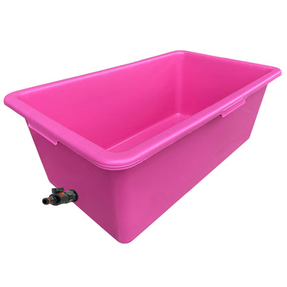 Pink plastic dog bath with black drain valve