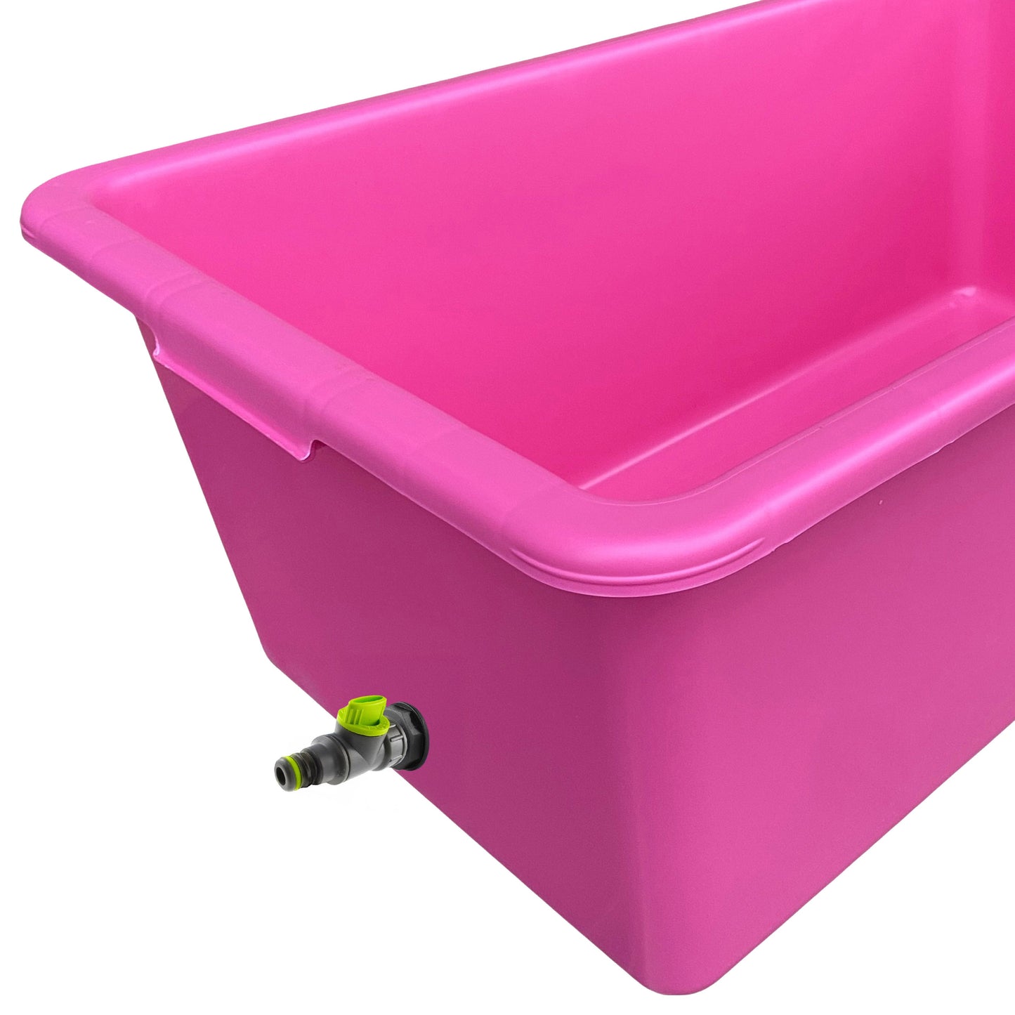 Pink dog bath tub corner with lime drain valve and hose connector