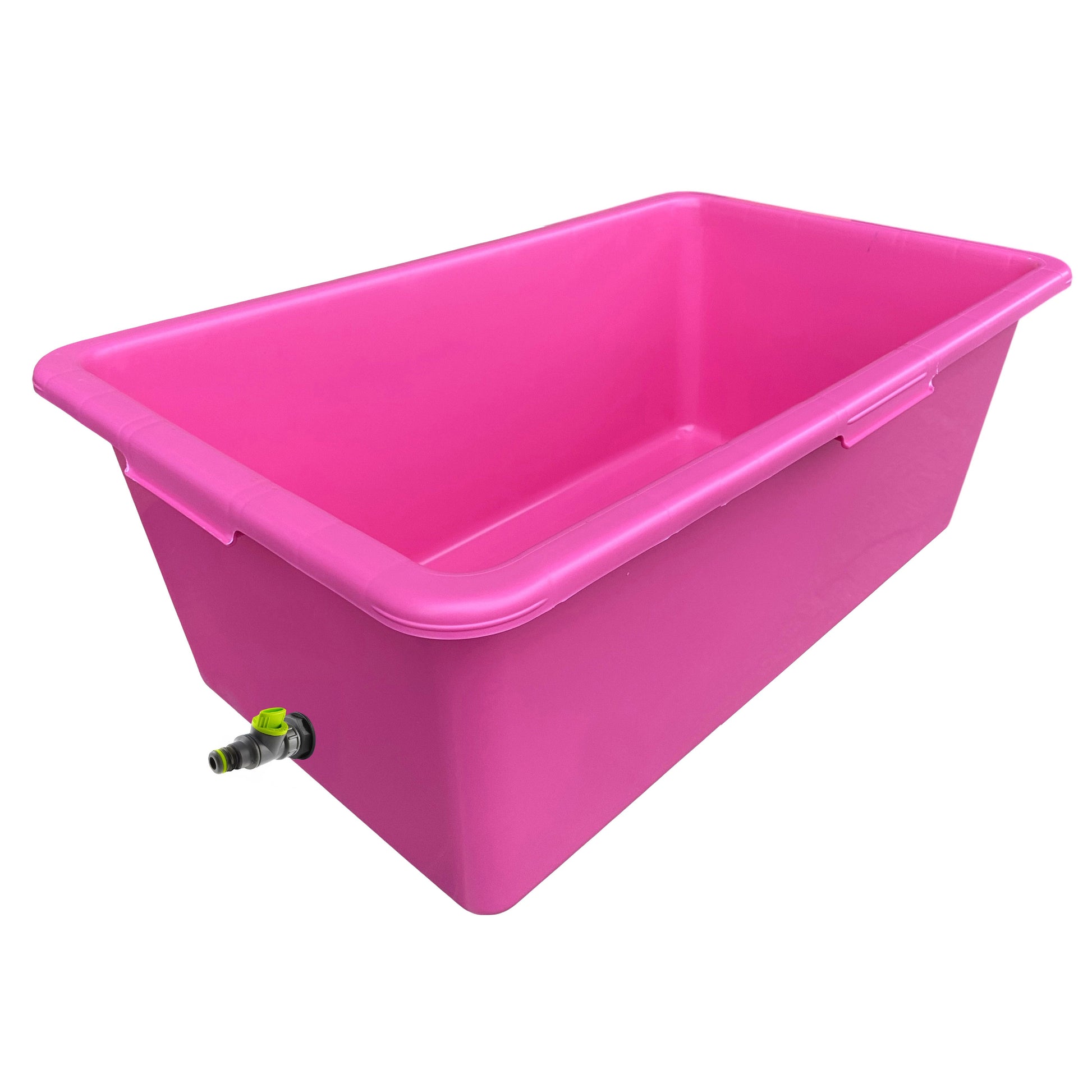 Pink dog bath tub with lime drain valve, front corner view