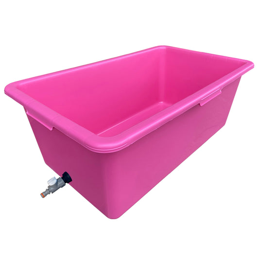 Pink dog bath tub with built-in drain valve and sloped rim