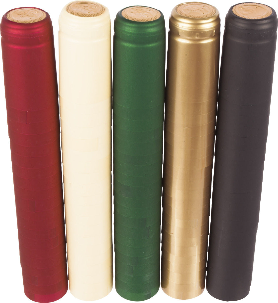 Shrink Caps Mix bottle toppers in red, cream, green, gold and dark grey