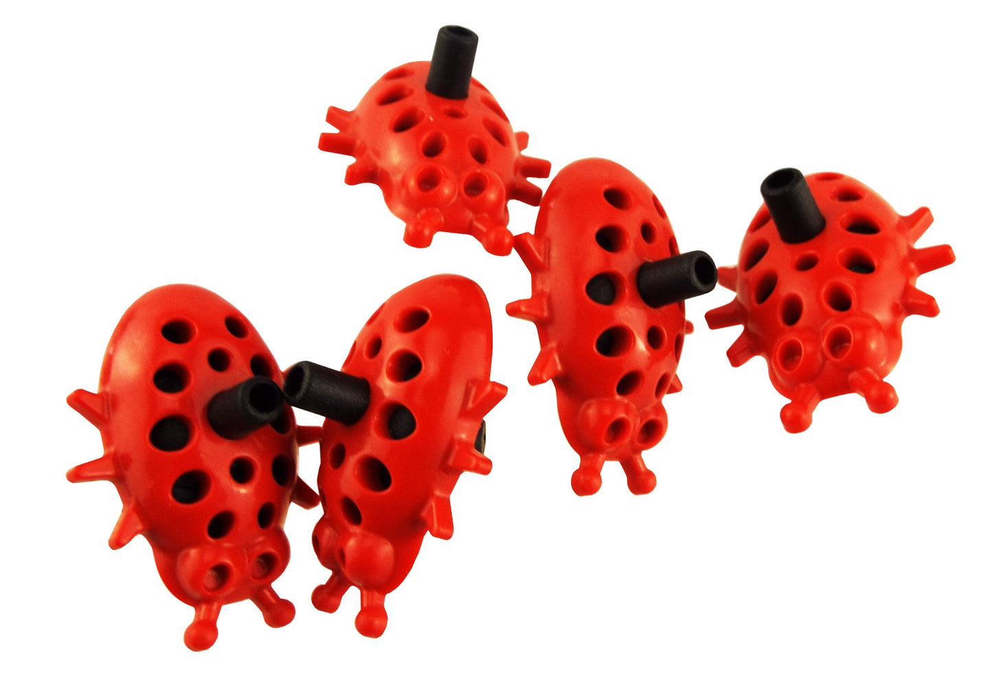 Ladybug dripper: red insect with black outlet tube and perforated watering surface