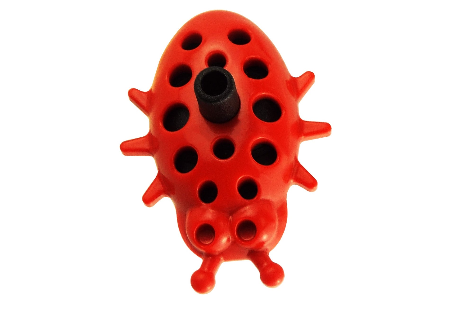 Ladybug dripper top view, red body with black nose and circular holes