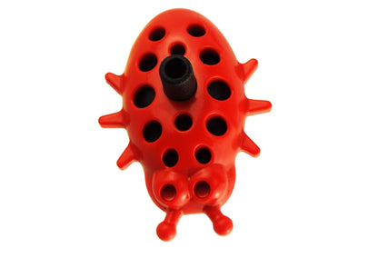 Ladybug dripper top view, red body with black nose and circular holes