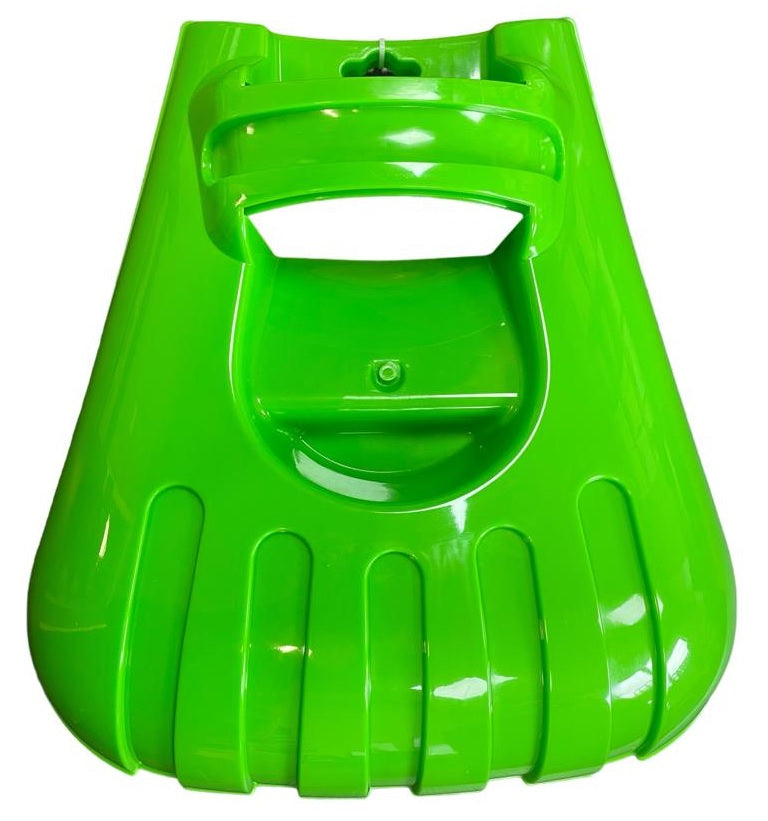 Close-up of green leaf scoop basket with front opening and molded grip details