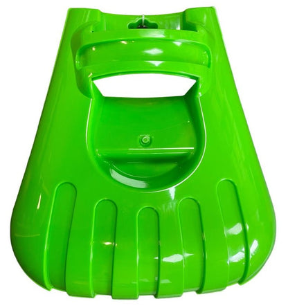Close-up of green leaf scoop basket with front opening and molded grip details