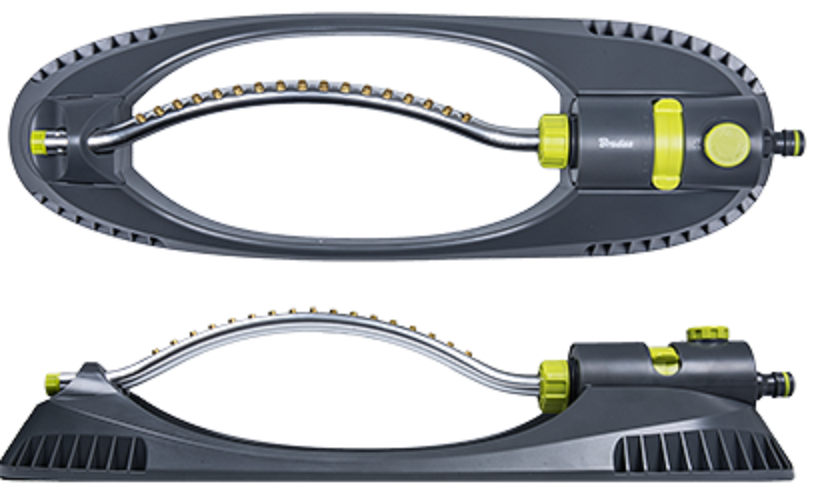 Top view of oscillating sprinkler with gray frame, lime controls, and nozzle strip