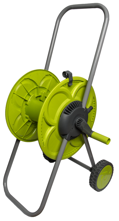 Portable Schlauchaufroller Eco auf Wagen, limonengrüne Trommel, Tragebügel und Räder, 50 m