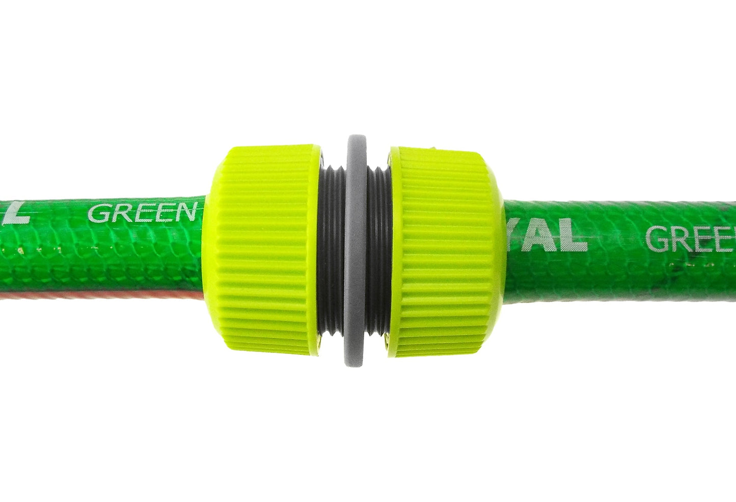 Hose Mender 1/2" Lime on green hose with lime ribbed sleeves and dark seal ring