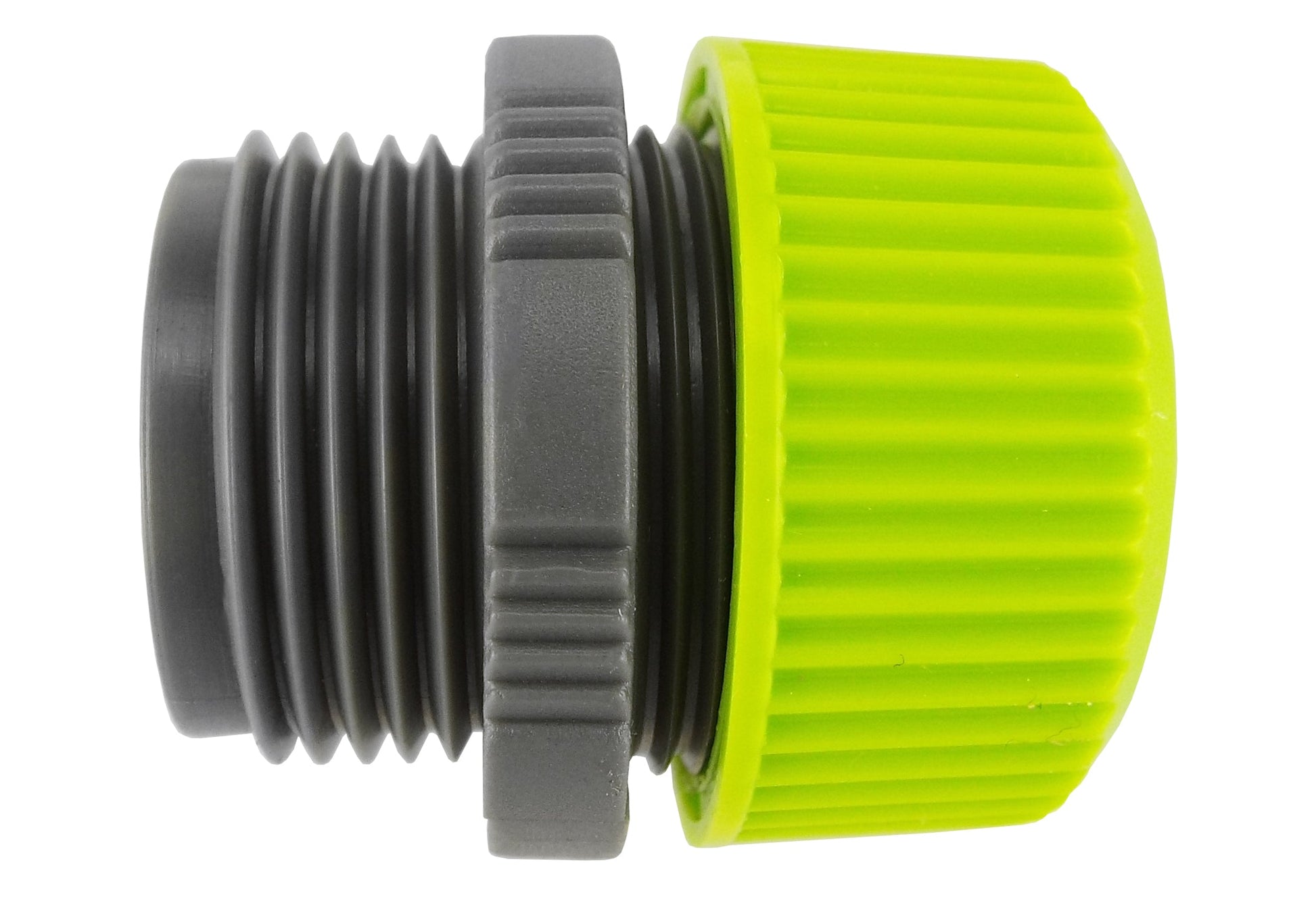 Hose mender close-up with grey threads and lime end ring