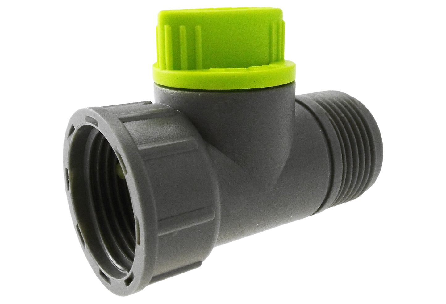 3/4" BSPM-F tap adapter with valve, lime top cap on grey threaded connector