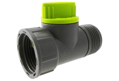3/4" BSPM-F tap adapter with valve, lime top cap on grey threaded connector