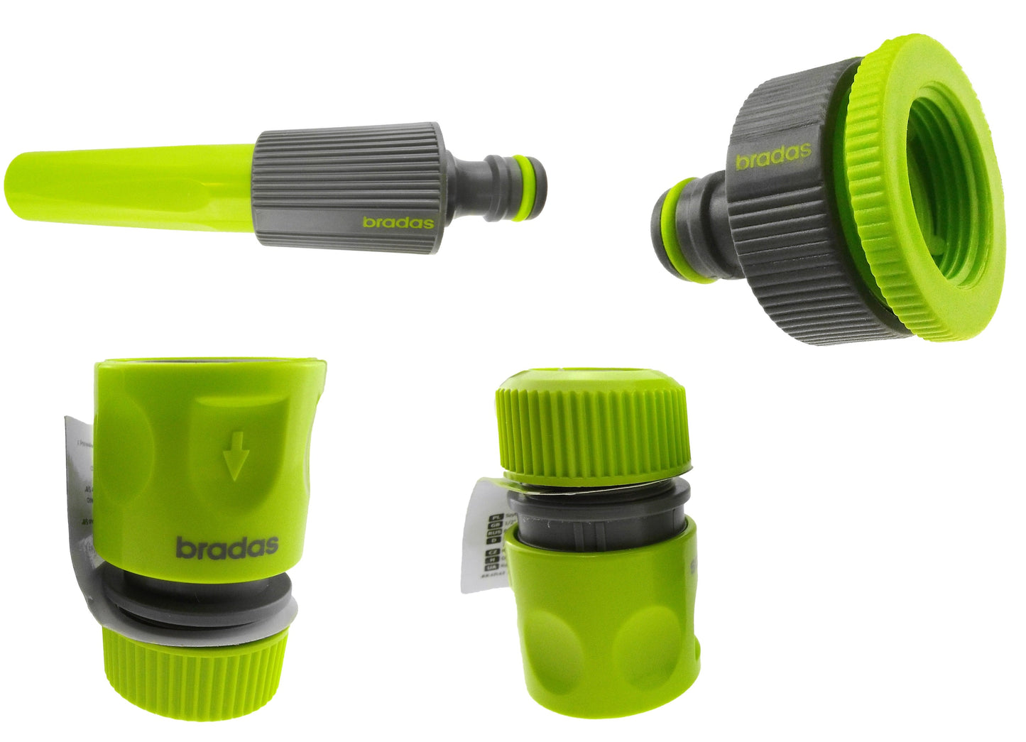 Lime-green hose connectors set with nozzle and two coupling pieces, ribbed gray grips
