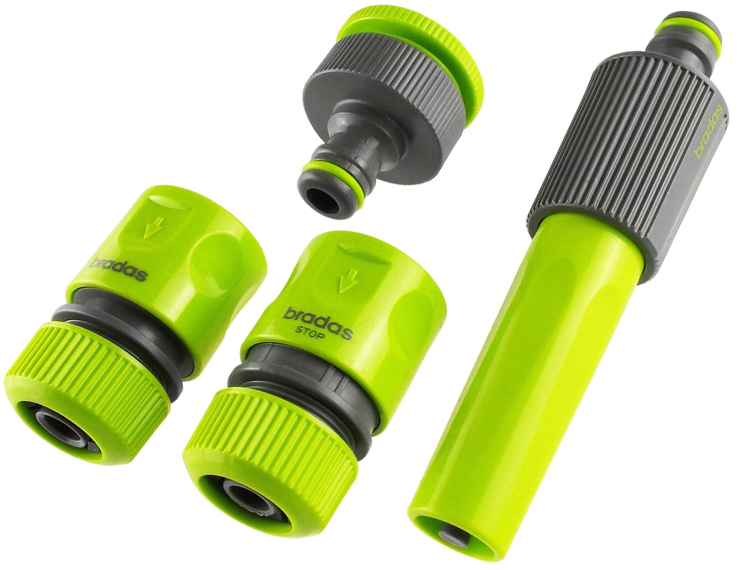 Lime-green hose connector set: two couplers and one nozzle, ribbed gray grips