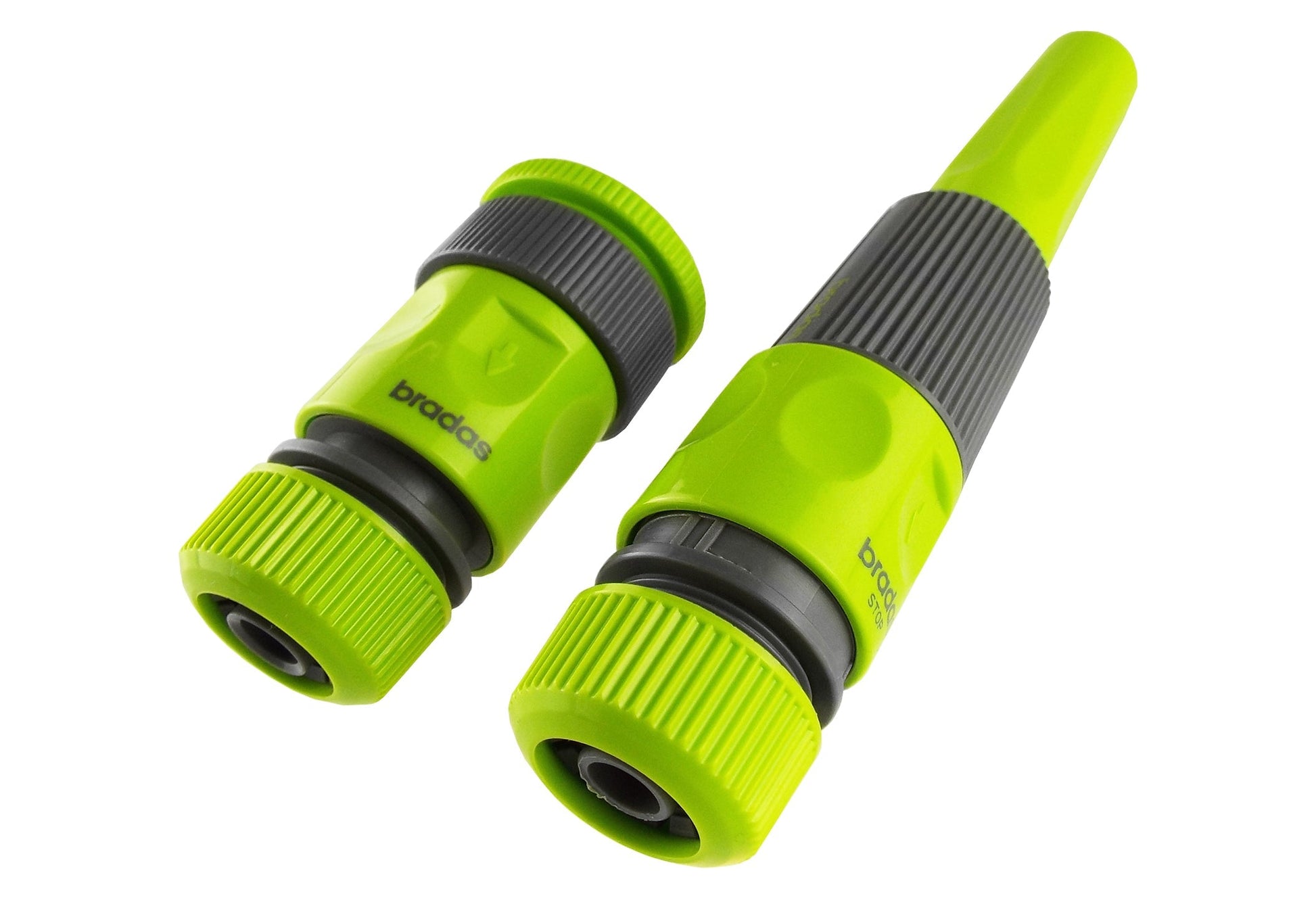 Two lime-green hose couplers with black seal rings and ribbed gray grips