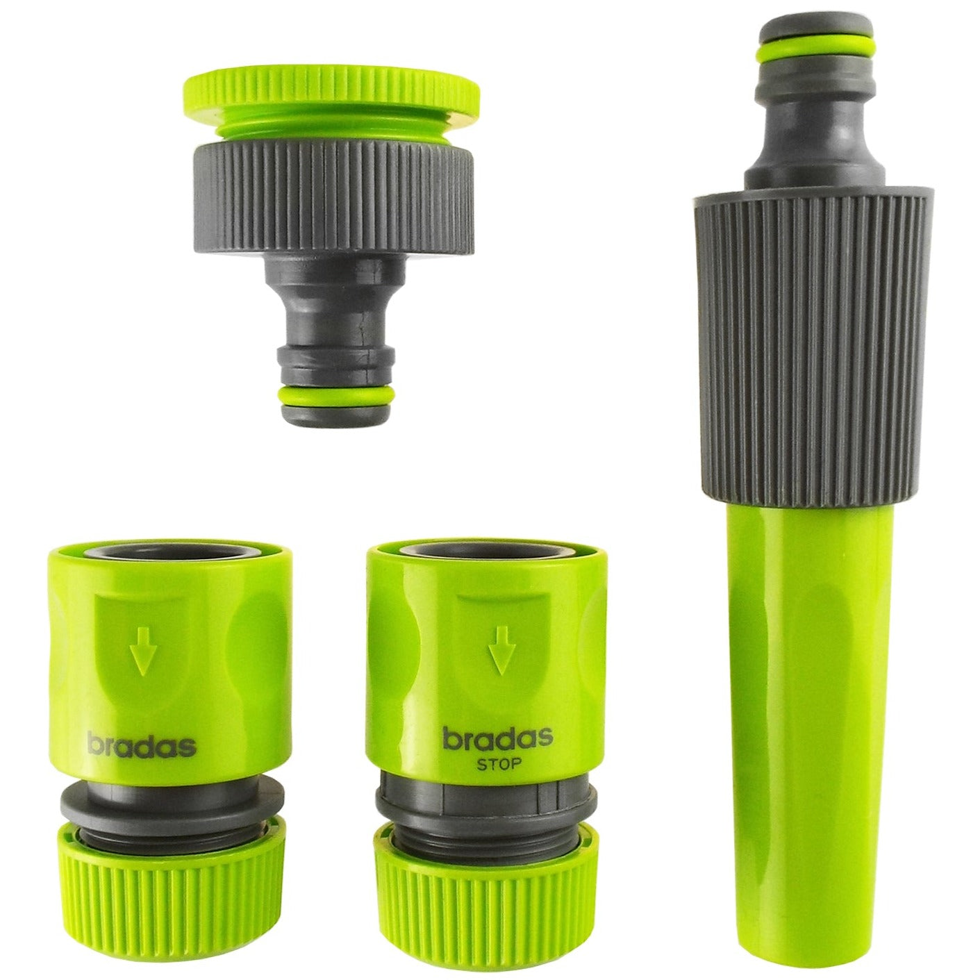 Lime-green hose connector set with nozzle: two ribbed couplers and one nozzle piece
