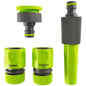 Lime-green hose connector set with nozzle: two ribbed couplers and one nozzle piece
