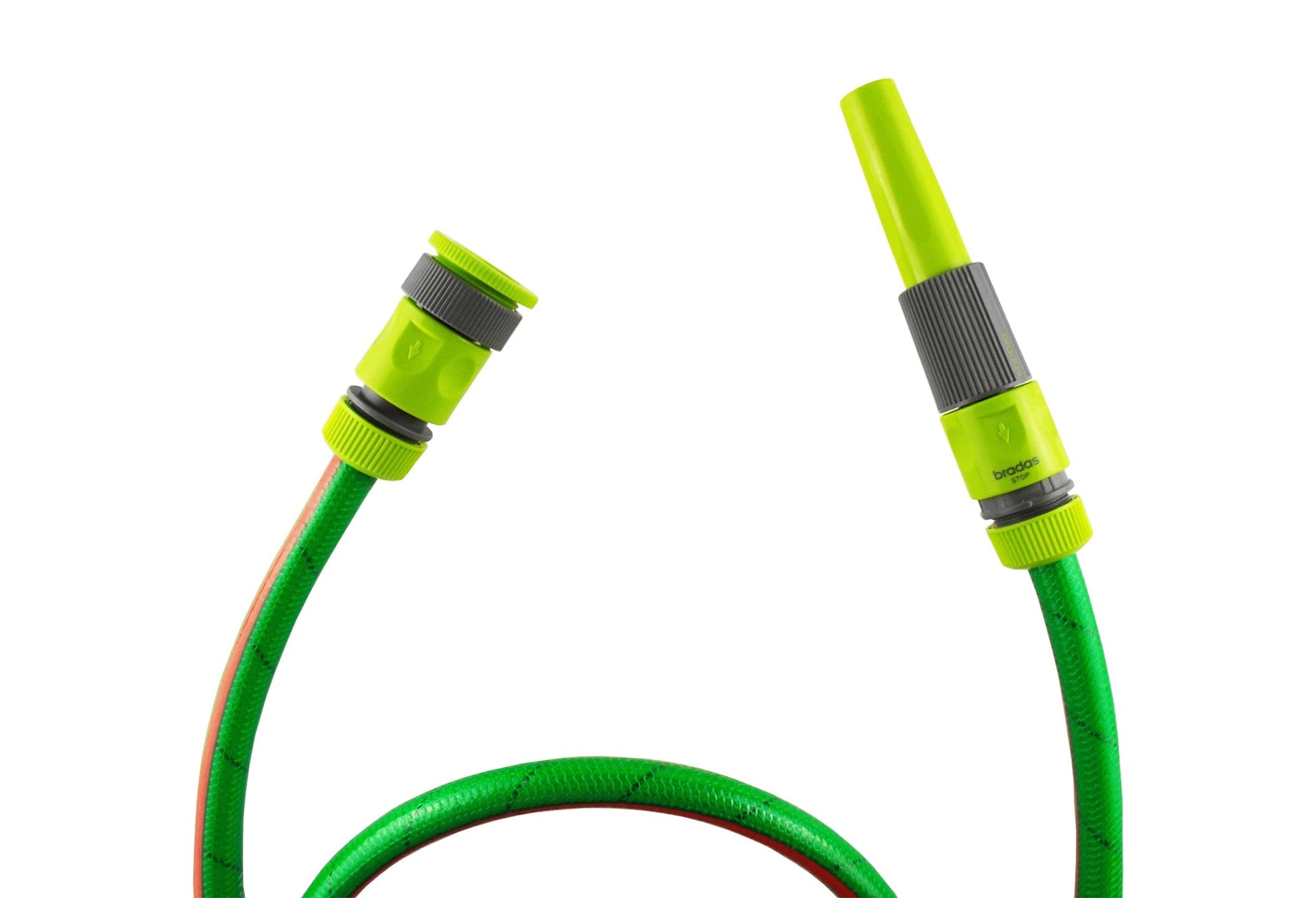 Hose connectors attached to green hose ends with lime-green nozzle-style parts