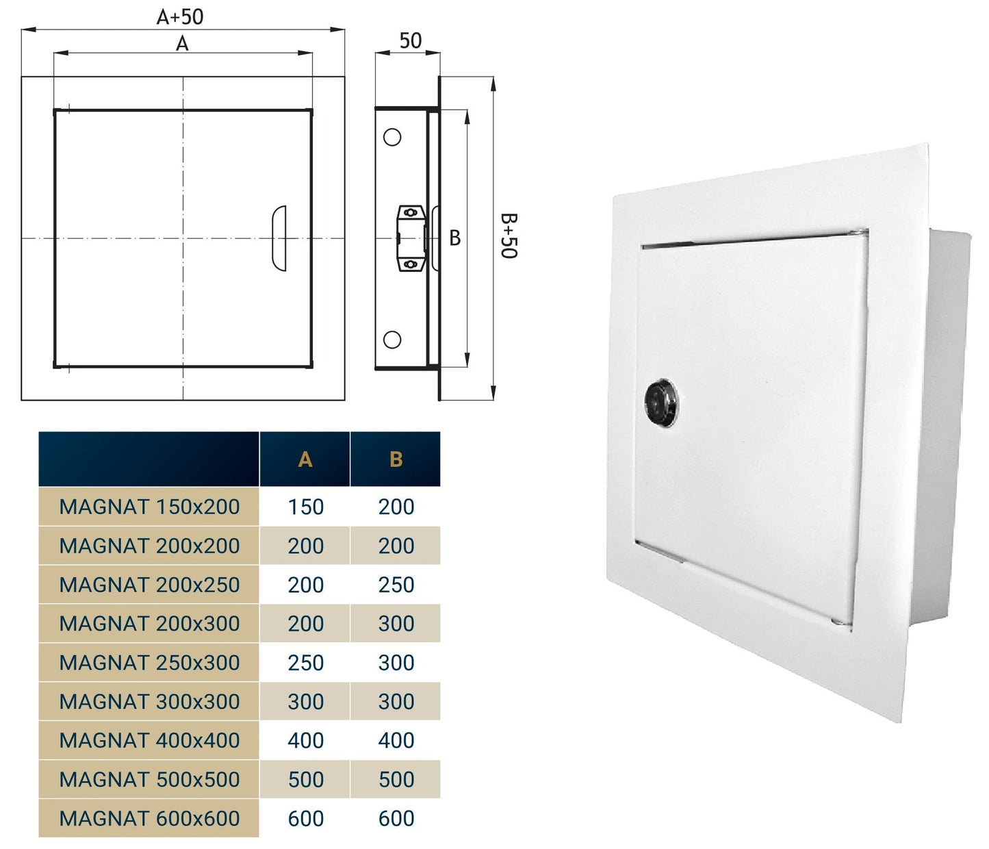 White 500mm x 500mm access panel door, technical view with lock and hole positions