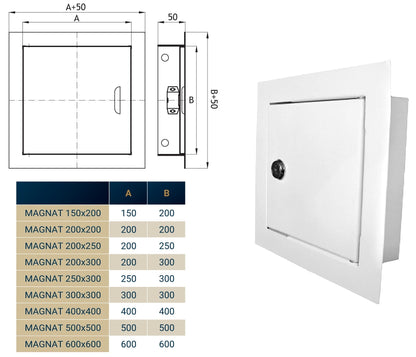 White 500mm x 500mm access panel door, technical view with lock and hole positions