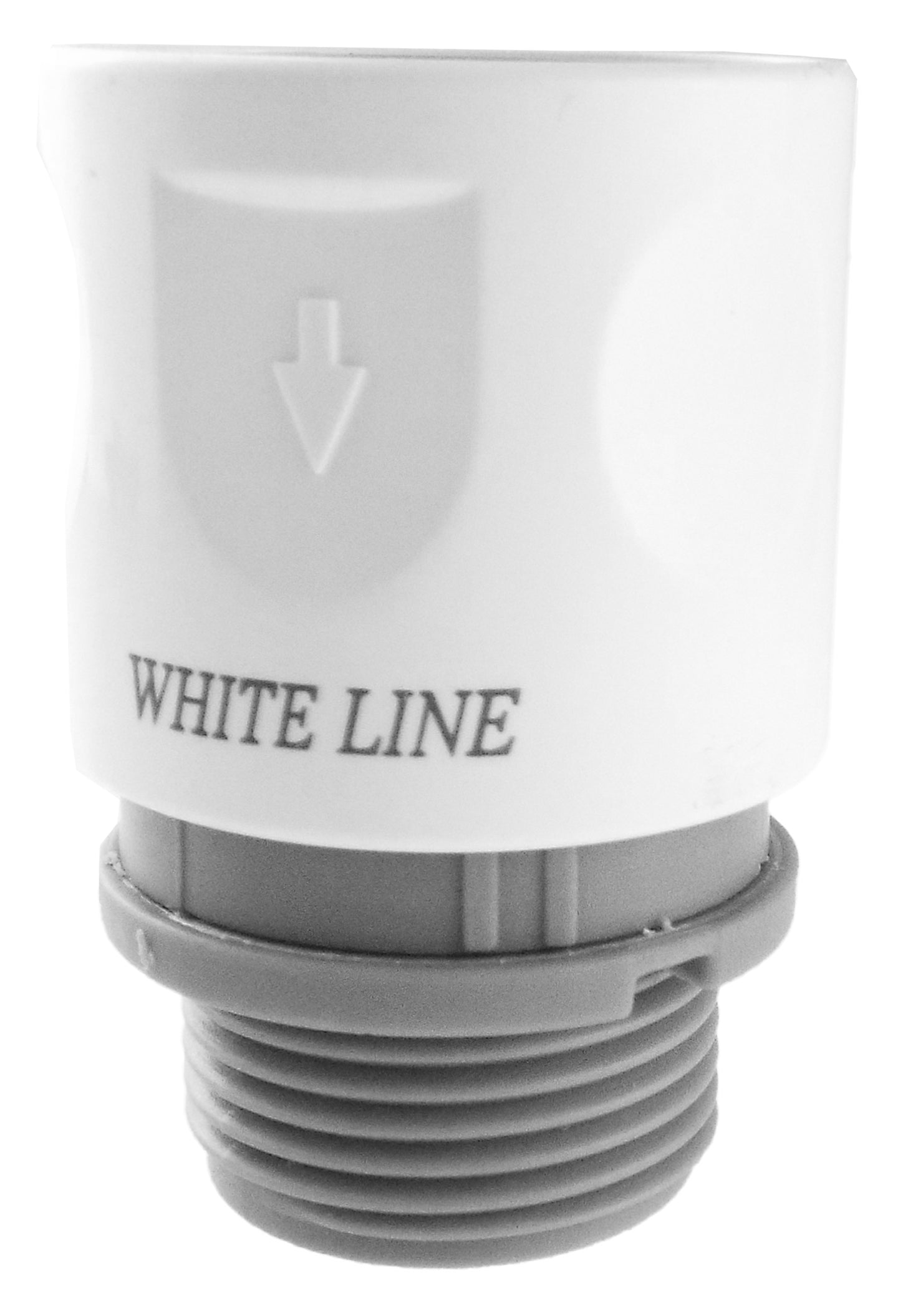 3/4" BSPM hose connector with arrow down and “WHITE LINE” marking, grey and white