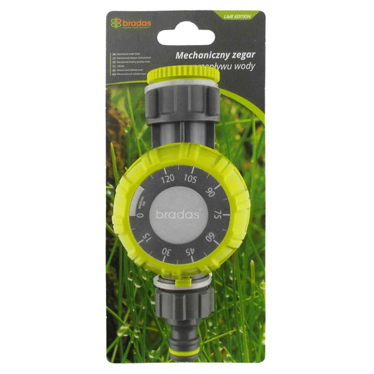 Lime green mechanical water timer with rotating 0–120 minute dial and gray fittings