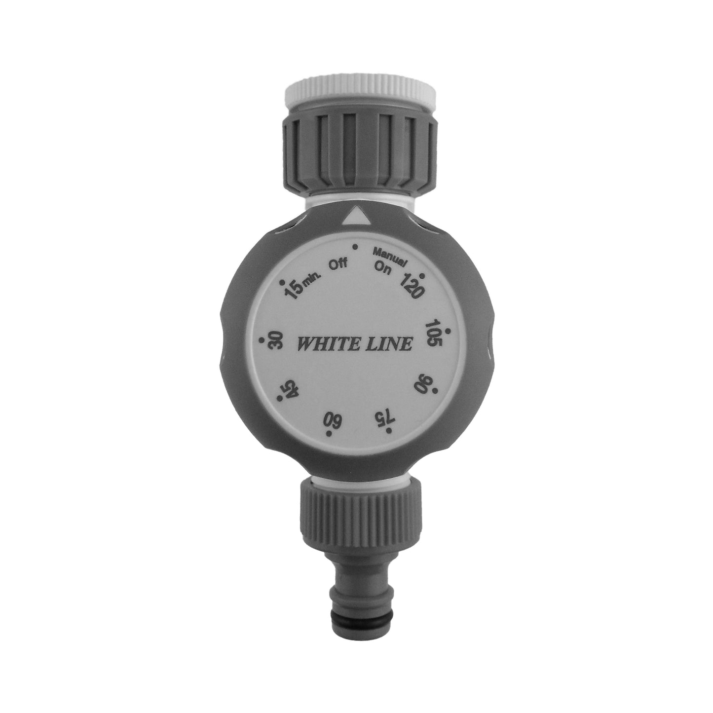 Mechanical water timer with round dial, manual on/off, and time markings